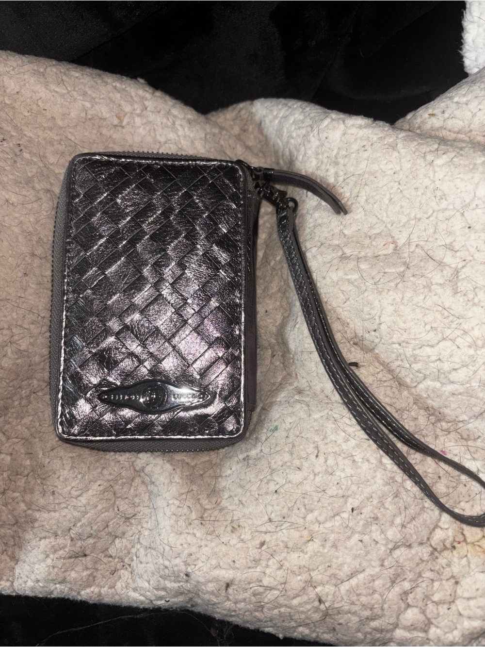 Elliott Lucca Metallic Silver Woven Leather Zip Around Wristlet Wallet